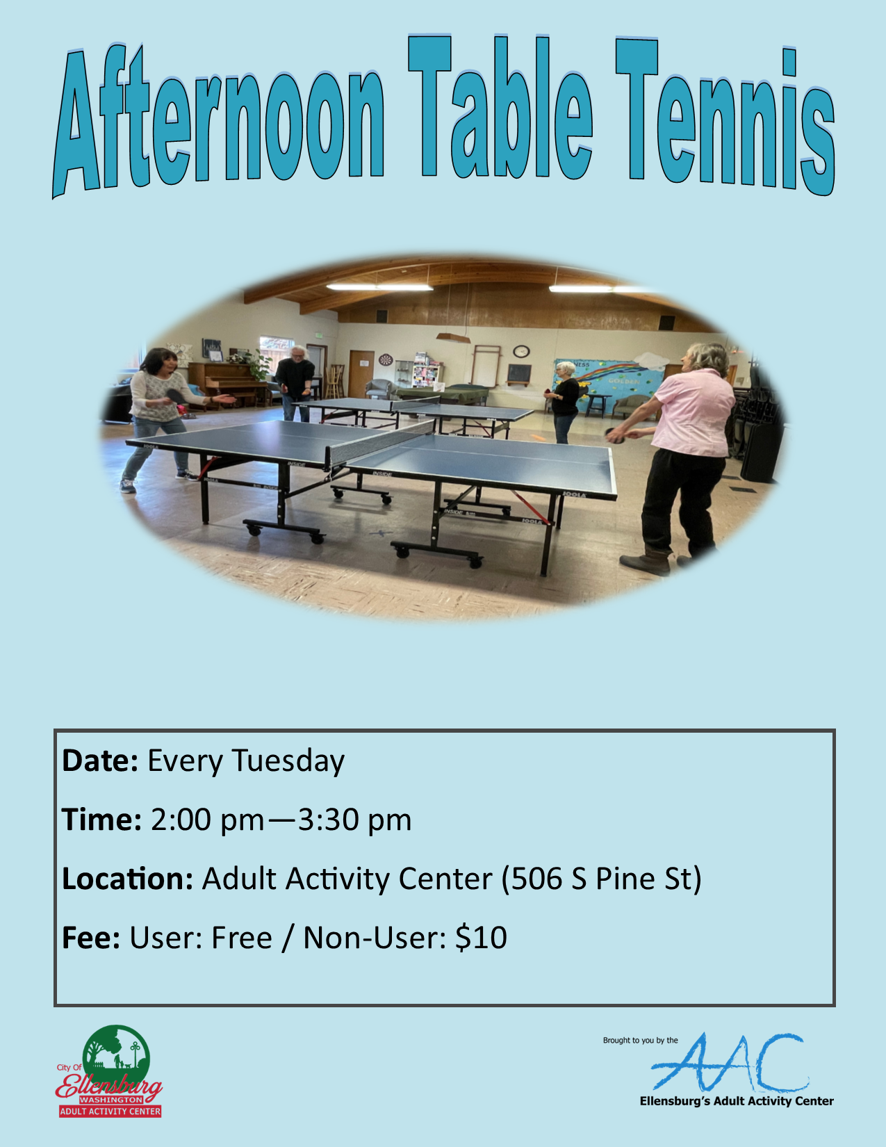 Flyer for Afternoon Table Tennis with event details and a photo of people playing table tennis. 