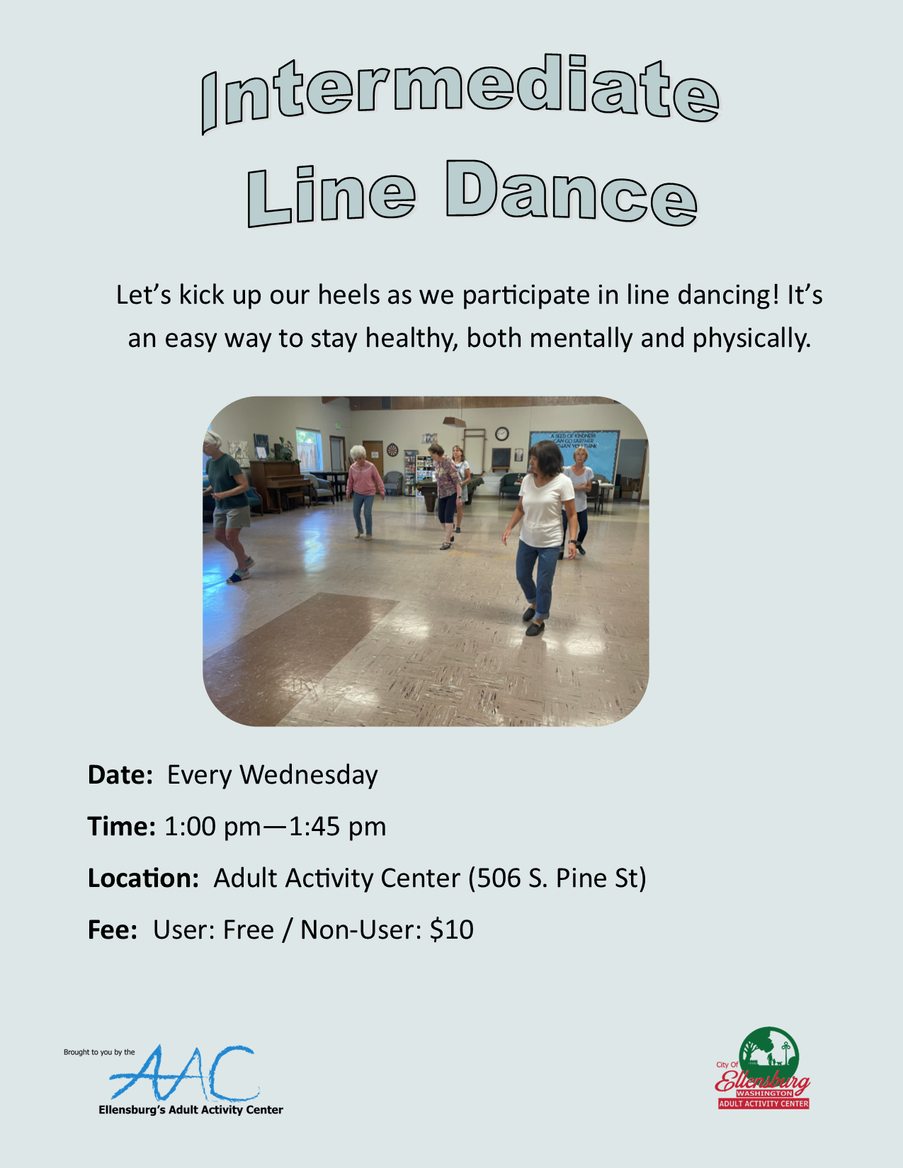Flyer for an Intermediate Line Dance class with class details and a photo of people line dancing. 