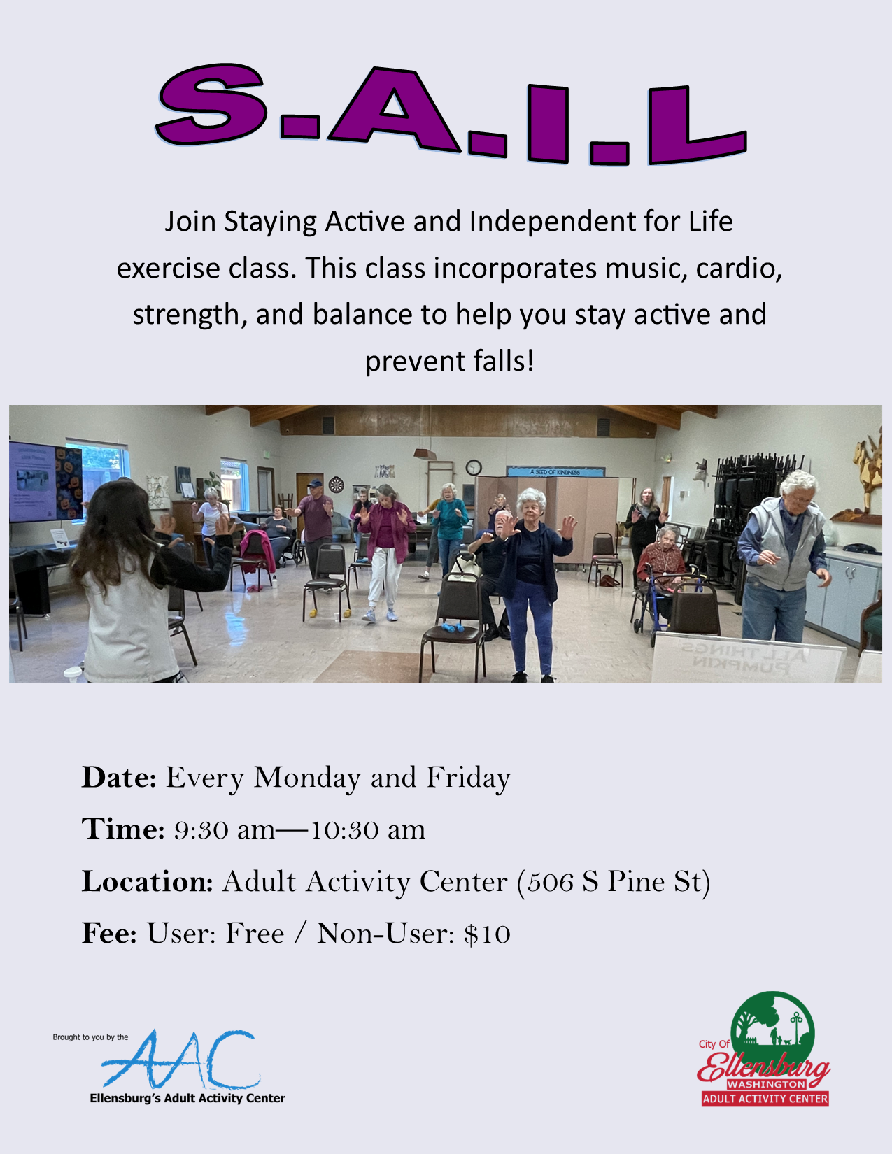 An informative flyer for SAIL exercise with a picture of an exercise class. 