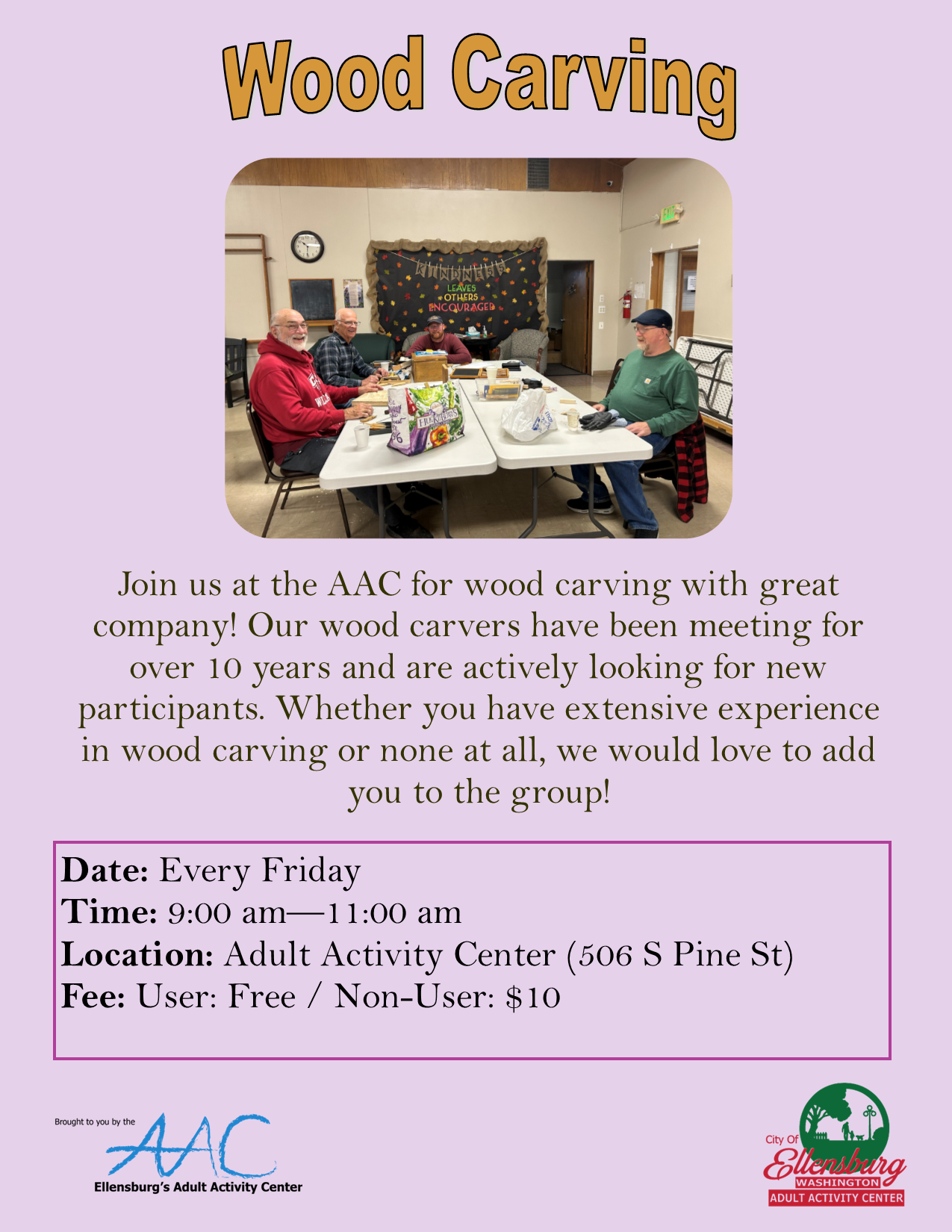 A detailed wood carving flyer showcasing intricate designs and craftsmanship. 