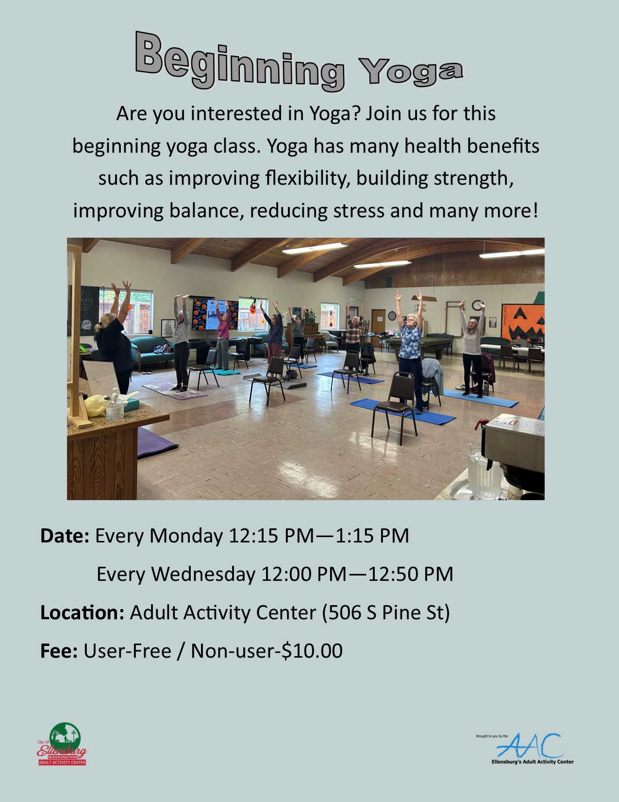 Flyer for yoga class showcasing a photo of participants doing yoga. 