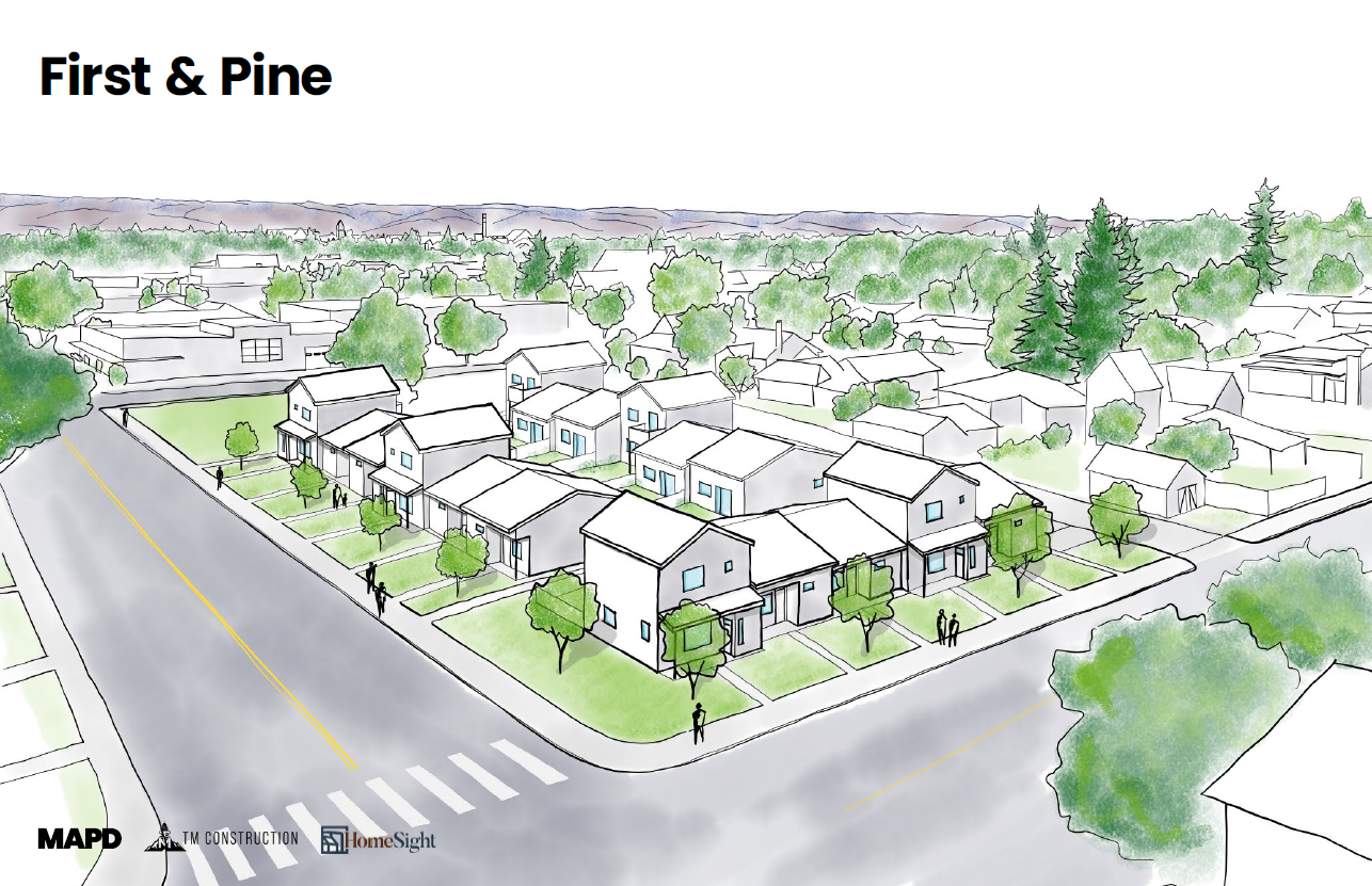 Watercolor rendering of townhomes at the corner of 1st Ave and Pine Street